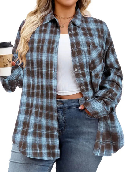 Plus Size Women’s Plaid Shirt – Black & Brown Vintage Style