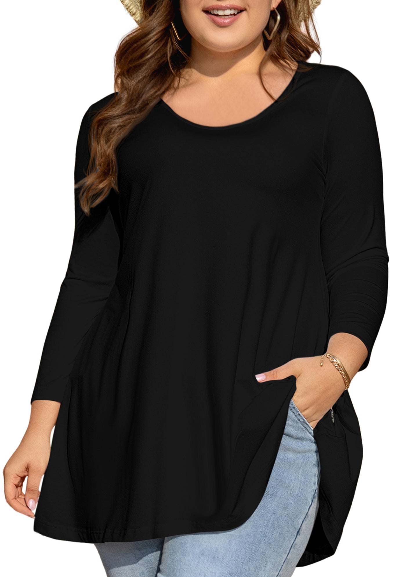 Womens Tops - Plus Size Tunics 3/4 Sleeve Loose Fit Dressy Casual Long Swing Flowy Lady Blouses Shirts Wear with Leggings Teals Blue Clothing A9 SATB