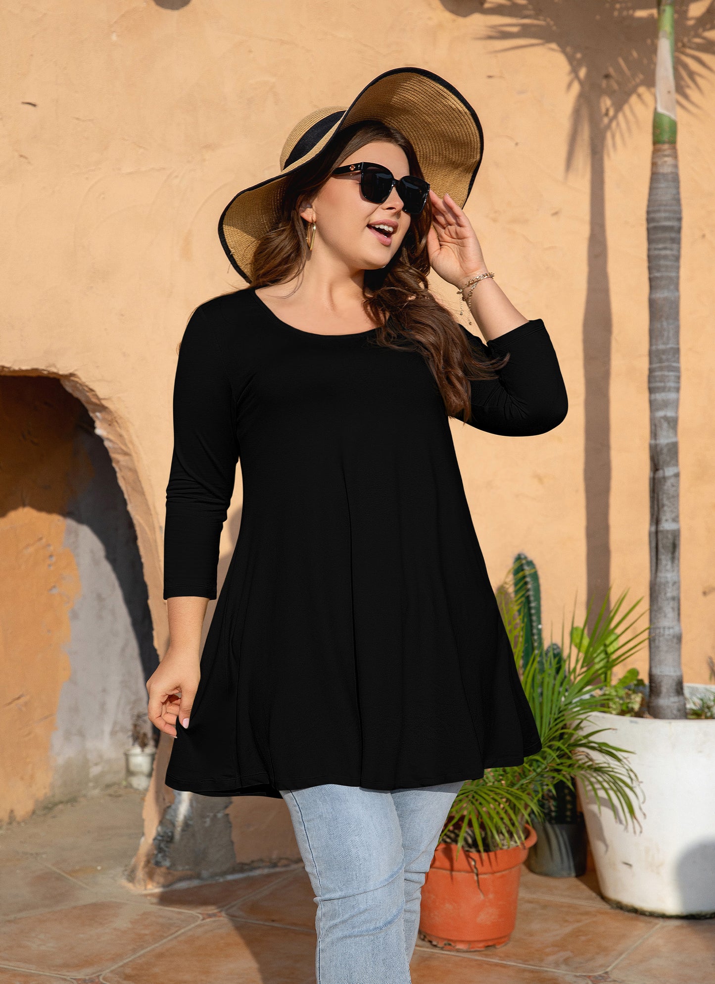 Womens Tops - Plus Size Tunics 3/4 Sleeve Loose Fit Dressy Casual Long Swing Flowy Lady Blouses Shirts Wear with Leggings Teals Blue Clothing A9 SATB