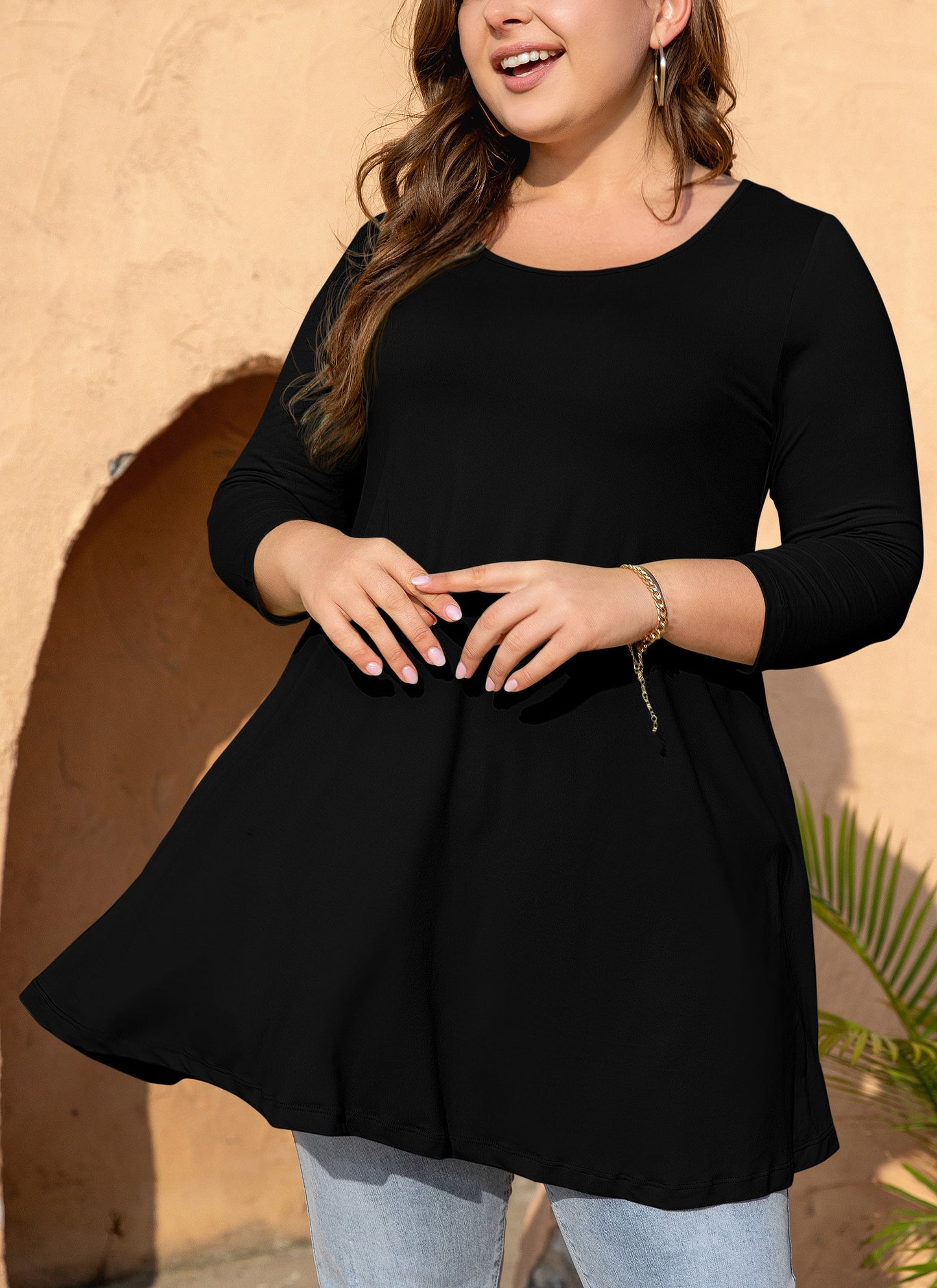 Womens Tops - Plus Size Tunics 3/4 Sleeve Loose Fit Dressy Casual Long Swing Flowy Lady Blouses Shirts Wear with Leggings Teals Blue Clothing A9 SATB