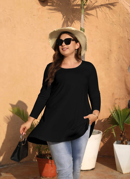 Womens Tops - Plus Size Tunics 3/4 Sleeve Loose Fit Dressy Casual Long Swing Flowy Lady Blouses Shirts Wear with Leggings Teals Blue Clothing A9 SATB