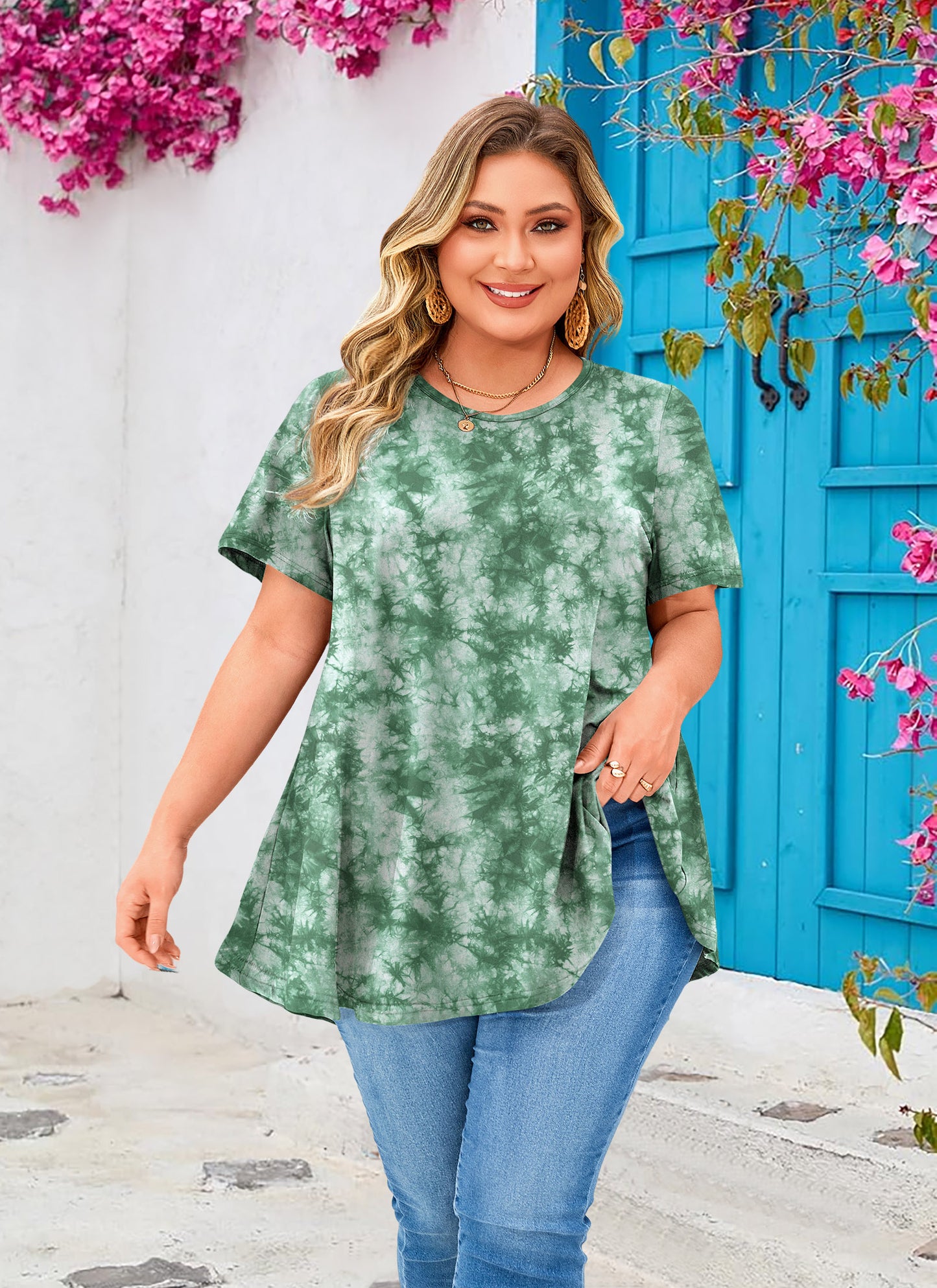 Womens Plus Size Tops Short Sleeve Swing Flare Flowy Tunic Loose Fit Summer Casual Blouses to Wear with Leggings Green Tunic Tie Dye