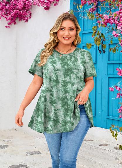 Womens Plus Size Tops Short Sleeve Swing Flare Flowy Tunic Loose Fit Summer Casual Blouses to Wear with Leggings Green Tunic Tie Dye