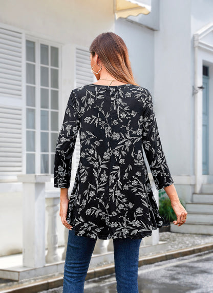 Womens Tunic Tops 3/4 Sleeve Plus Size Crew Neck Swing Flare Loose Fit T-Shirt Blouses to Wear with Leggings Tunics Black Floral White