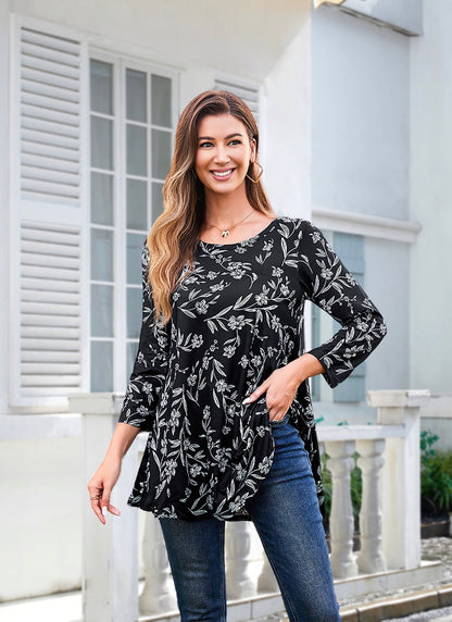 Womens Tunic Tops 3/4 Sleeve Plus Size Crew Neck Swing Flare Loose Fit T-Shirt Blouses to Wear with Leggings Tunics Black Floral White