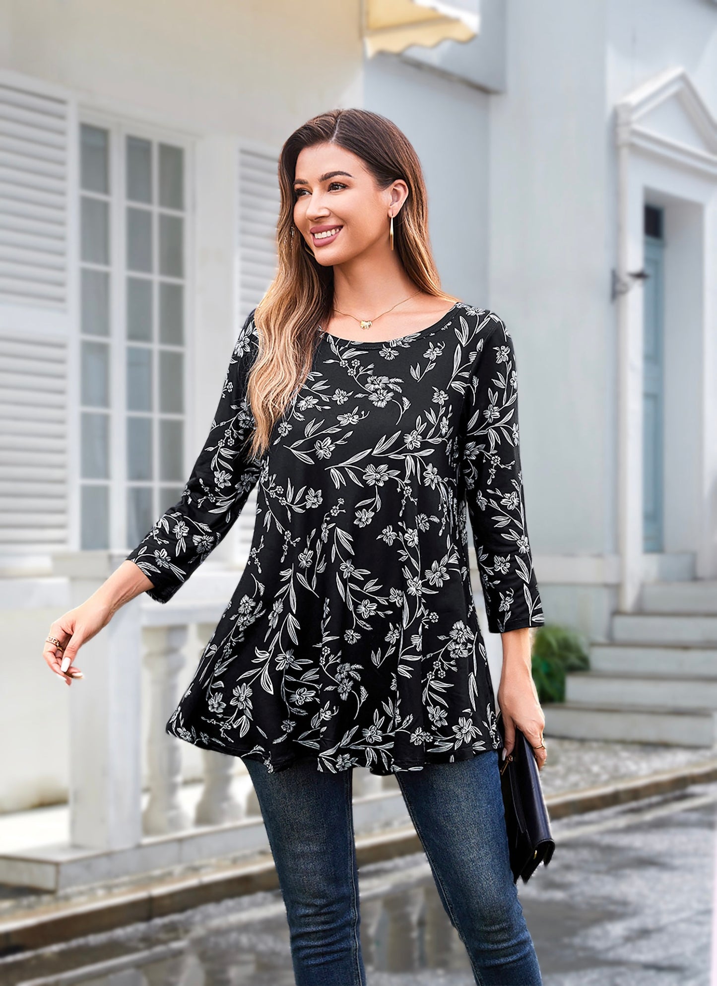 Womens Tunic Tops 3/4 Sleeve Plus Size Crew Neck Swing Flare Loose Fit T-Shirt Blouses to Wear with Leggings Tunics Black Floral White