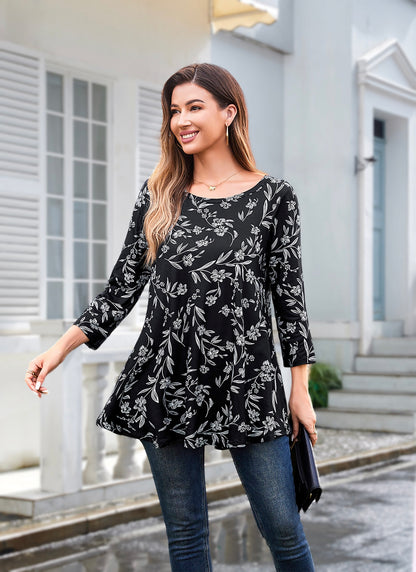 Womens Tunic Tops 3/4 Sleeve Plus Size Crew Neck Swing Flare Loose Fit T-Shirt Blouses to Wear with Leggings Tunics Black Floral White