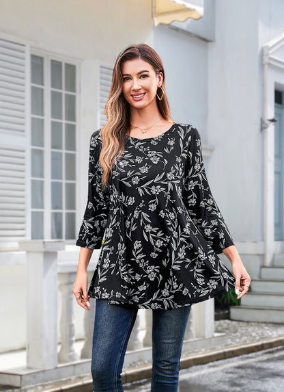 Womens Tunic Tops 3/4 Sleeve Plus Size Crew Neck Swing Flare Loose Fit T-Shirt Blouses to Wear with Leggings Tunics Black Floral White