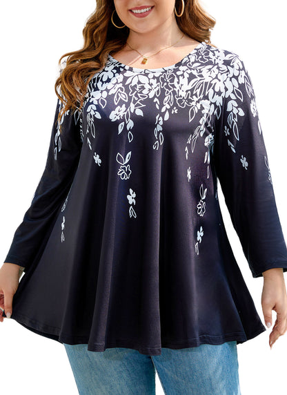 Womens Tunic 3/4 Sleeve Plus Size Tops Crew Neck Swing Flowy Loose Fit T-Shirt Blouses to Wear with Leggings Pink Floral Black Tunic