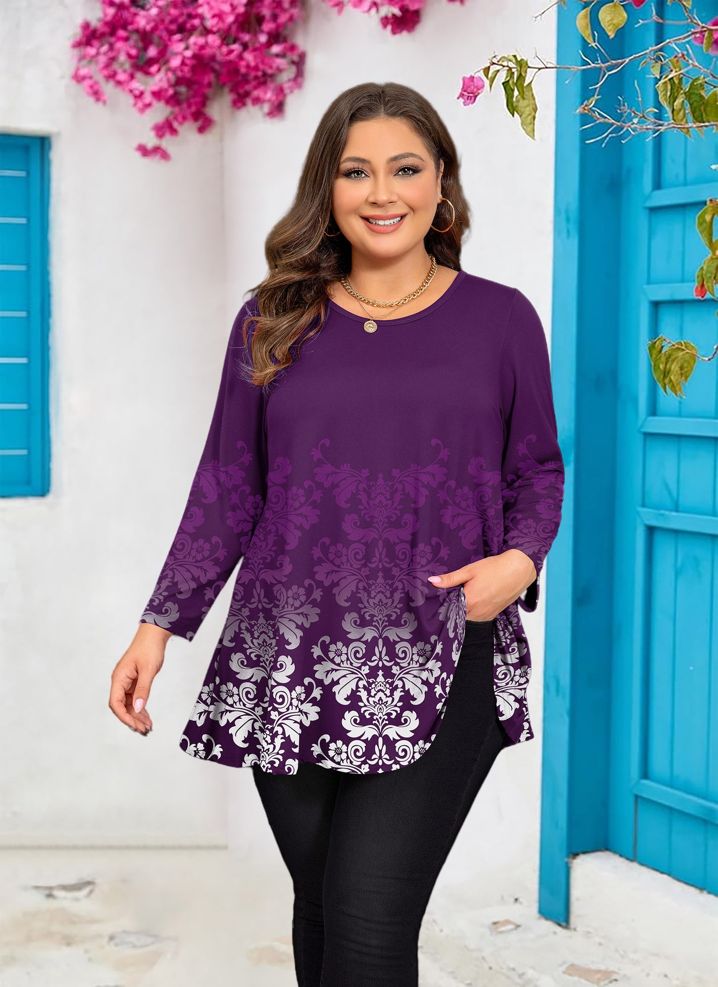 Womens Tunic 3/4 Sleeve Plus Size Tops Crew Neck Swing Flowy Loose Fit T-Shirt Blouses to Wear with Leggings Purple Floral Tops Plus Size