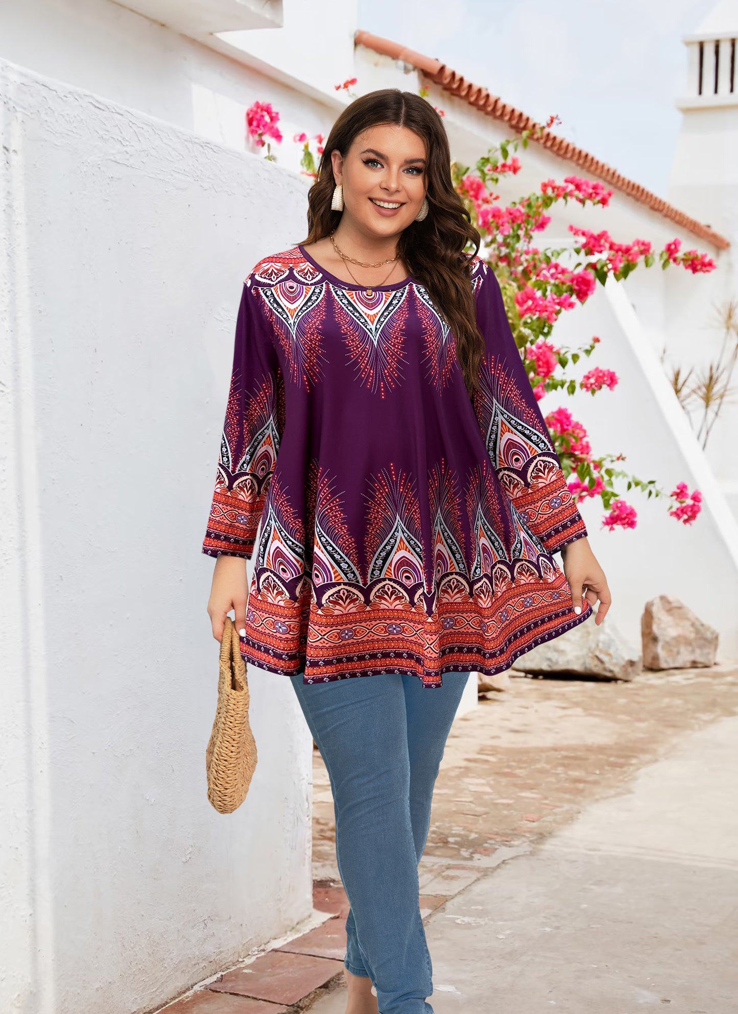 Womens Tunic 3/4 Sleeve Plus Size Tops Crew Neck Swing Flowy Loose Fit T-Shirt Blouses to Wear with Leggings Orange Floral Tops Purple