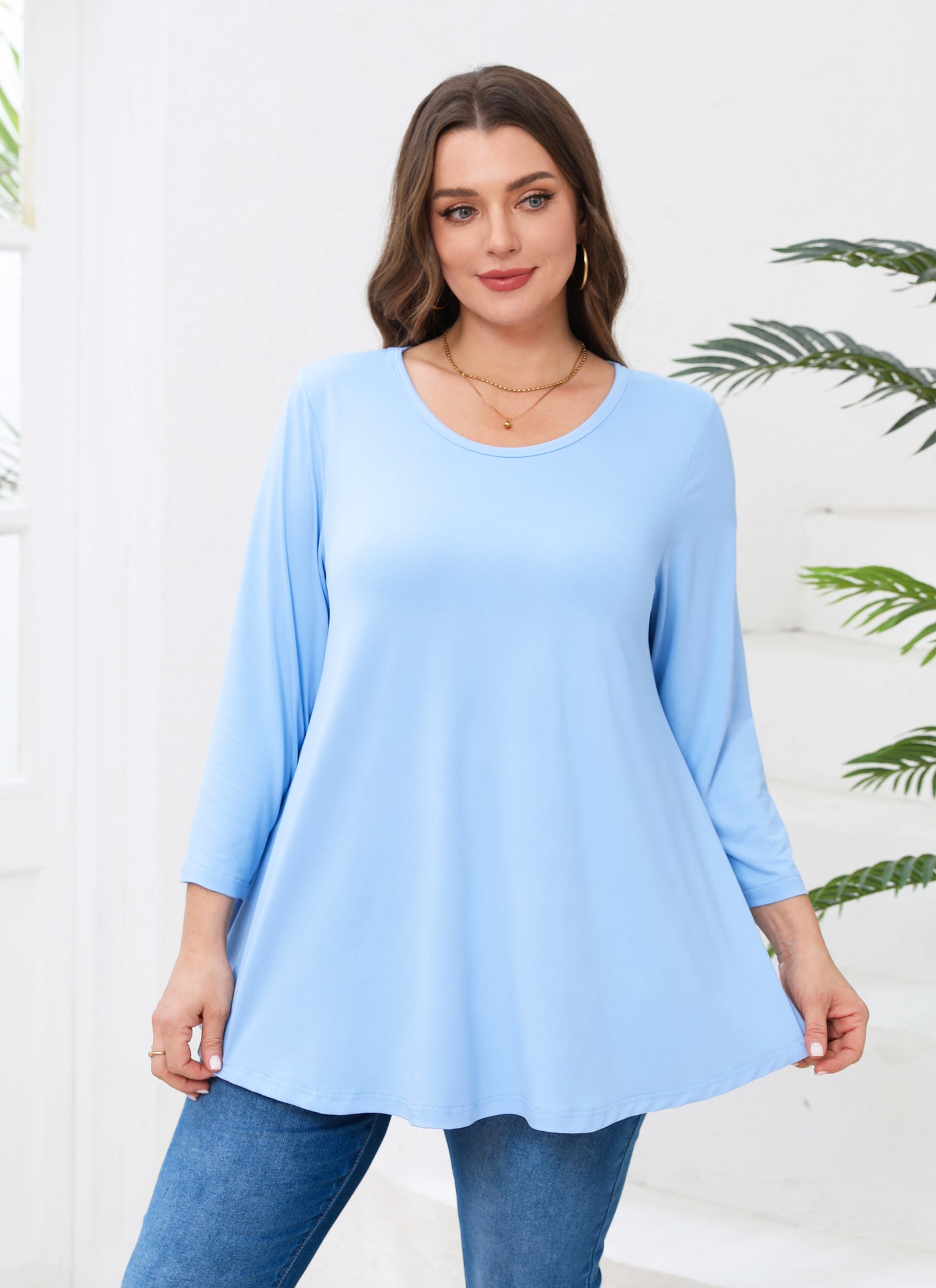 Womens Tops - Plus Size Tunics 3/4 Sleeve Loose Fit Dressy Casual Long Swing Flowy Lady Blouses Shirts Wear with Leggings Teals Blue Clothing A37 SATLB