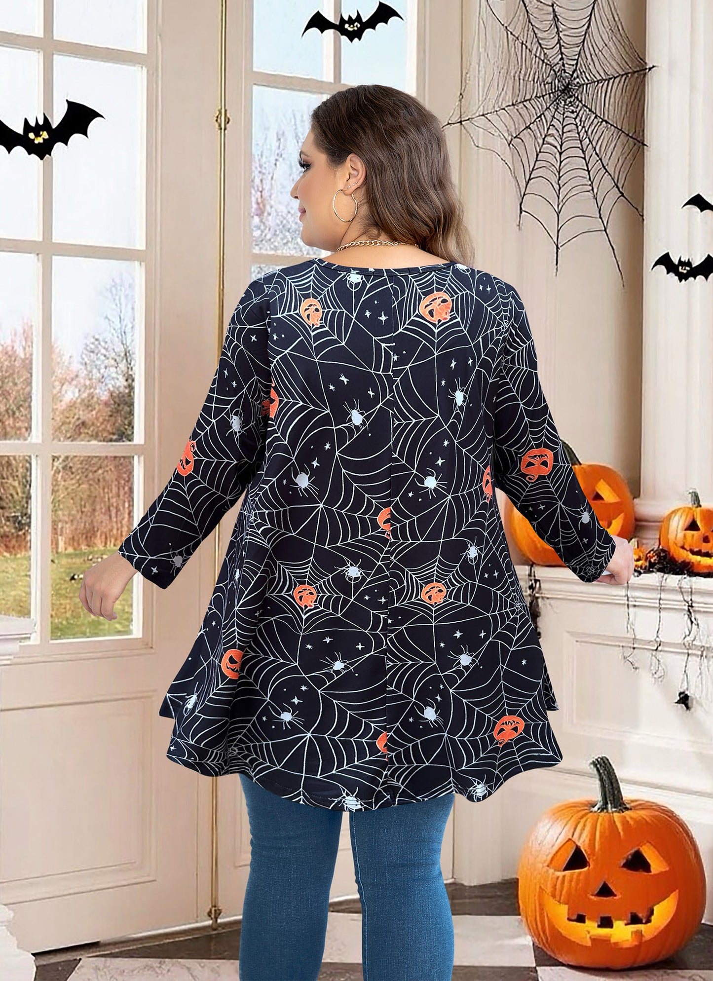Womens Tunic 3/4 Sleeve Plus Size Tops Crew Neck Swing Flowy Loose Fit T-Shirt Blouses to Wear with Leggings Tunic Tops Halloween Pattan