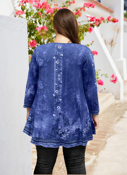 Womens Tunic Tops 3/4 Sleeve Plus Size Crew Neck Swing Flare Loose Fit T-Shirt Blouses to Wear with Leggings Navy Blue Tunics Floral