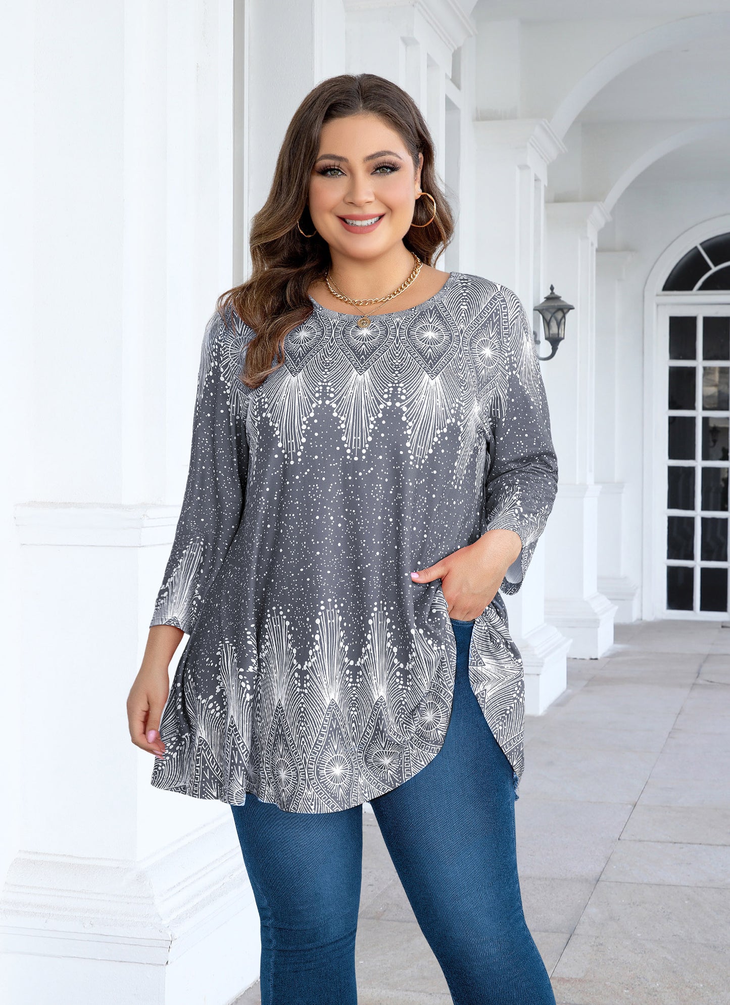 Womens Tunic Tops 3/4 Sleeve Plus Size Crew Neck Swing Flare Loose Fit T-Shirt Blouses to Wear with Leggings Grey Tunic