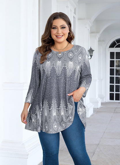 Womens Tunic Tops 3/4 Sleeve Plus Size Crew Neck Swing Flare Loose Fit T-Shirt Blouses to Wear with Leggings Grey Tunic
