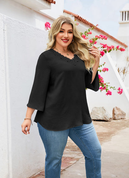 Womens Plus Size Blouses Dressy Casual 3/4 Sleeve Elegant V Neck Floral Trim Ladies Tunics Tops Black