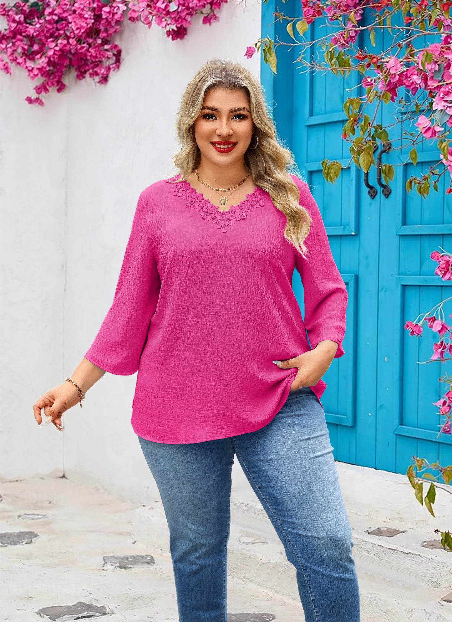 Womens Plus Size Blouses Dressy Casual 3/4 Sleeve Elegant V Neck Floral Trim Ladies Tunics Tops Hot Pink