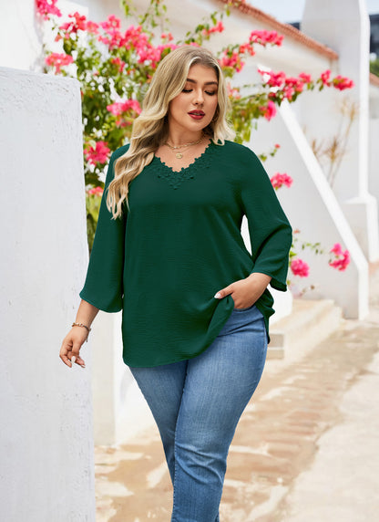 Womens Plus Size Blouses Dressy Casual 3/4 Sleeve Elegant V Neck Floral Trim Ladies Tunics Tops Green