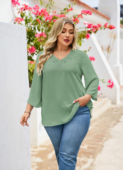Womens Plus Size Blouses Dressy Casual 3/4 Sleeve Elegant V Neck Floral Trim Ladies Tunics Tops Sage Green