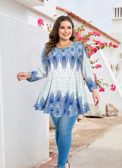Tunic Tops for Women Plus Size 3/4 Sleeve Crew Neck Swing Flare Loose T-Shirt Blouses to Wear with Leggings IV