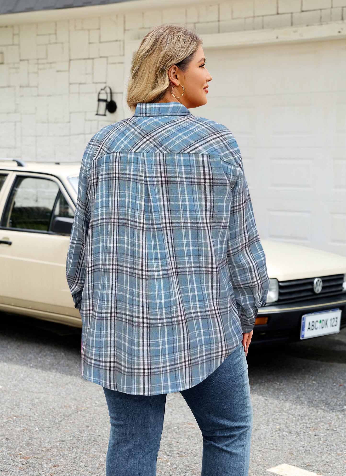 Womens Plus Size Flannel Shirts Long Sleeve Button Down Plaid Shirt Roll Up Oversize Checkered Blouse Top Fall H-02 Blue Plaid Shirts