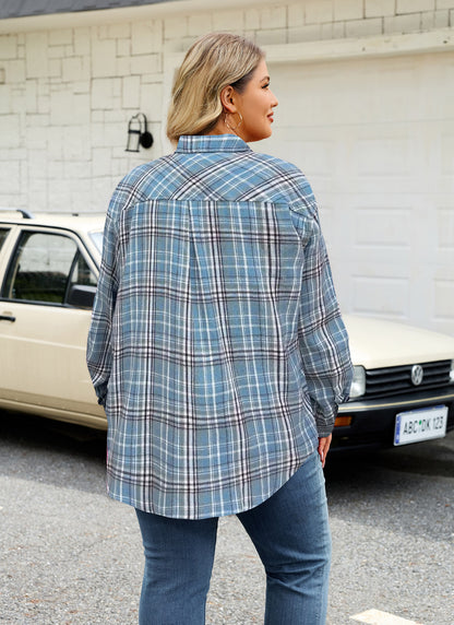 Womens Plus Size Flannel Shirts Long Sleeve Button Down Plaid Shirt Roll Up Oversize Checkered Blouse Top Fall H-02 Blue Plaid Shirts