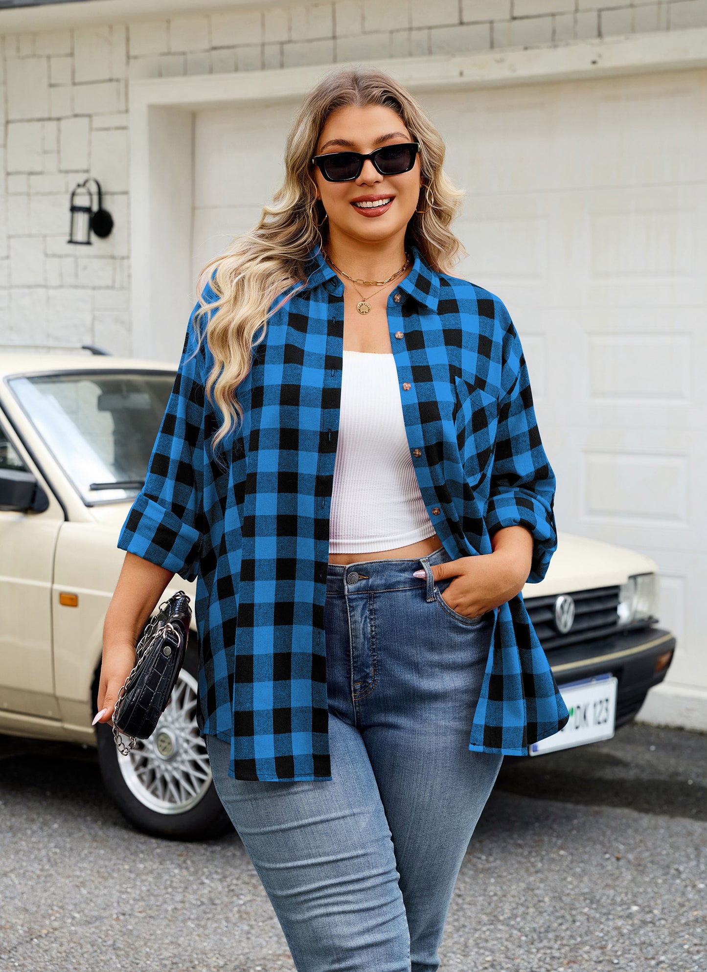 Womens Plus Size Flannel Shirts Long Sleeve Button Down Plaid Shirt Roll Up Oversize Checkered Blouse Top Fall D-01 Royal Blue Flannel Plaid Shirt