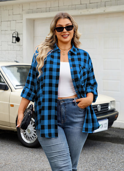 Womens Plus Size Flannel Shirts Long Sleeve Button Down Plaid Shirt Roll Up Oversize Checkered Blouse Top Fall II