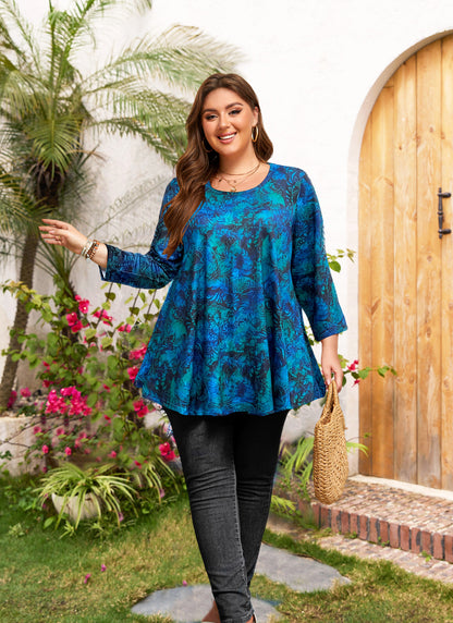 Womens Tunic 3/4 Sleeve Plus Size Tops Crew Neck Swing Flowy Loose Fit T-Shirt Blouses to Wear with Leggings Tops Teals Blue Leaf