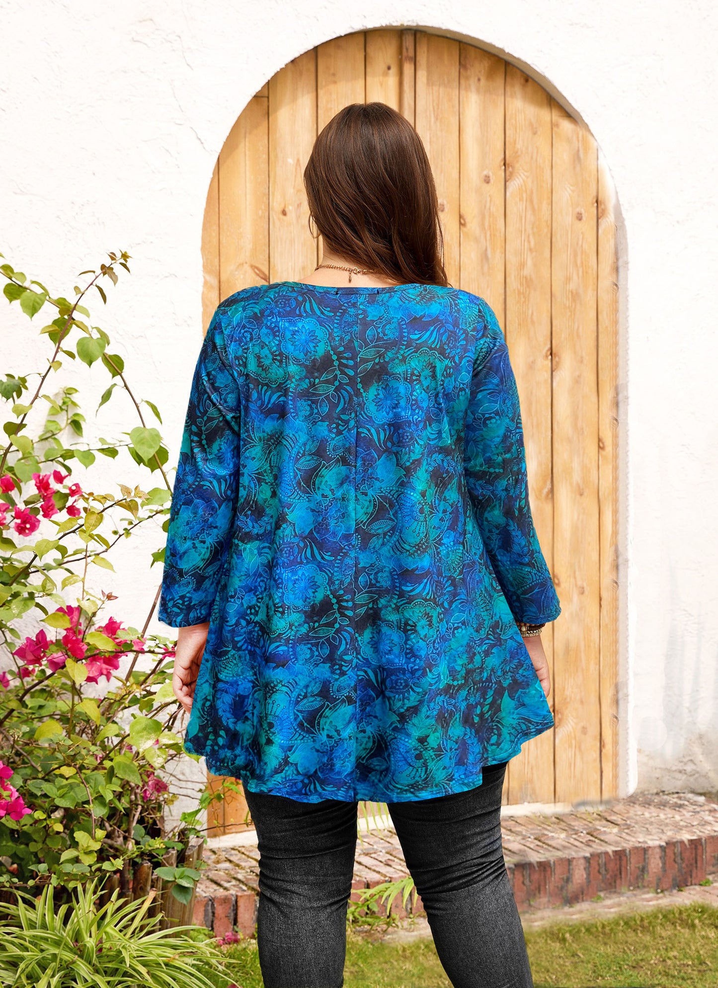 Womens Tunic 3/4 Sleeve Plus Size Tops Crew Neck Swing Flowy Loose Fit T-Shirt Blouses to Wear with Leggings Tops Teals Blue Leaf