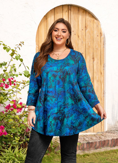 Womens Tunic 3/4 Sleeve Plus Size Tops Crew Neck Swing Flowy Loose Fit T-Shirt Blouses to Wear with Leggings Tops Teals Blue Leaf