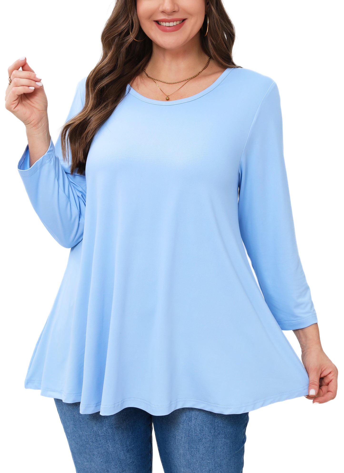 Womens Tops - Plus Size Tunics 3/4 Sleeve Loose Fit Dressy Casual Long Swing Flowy Lady Blouses Shirts Wear with Leggings Teals Blue Clothing A37 SATLB