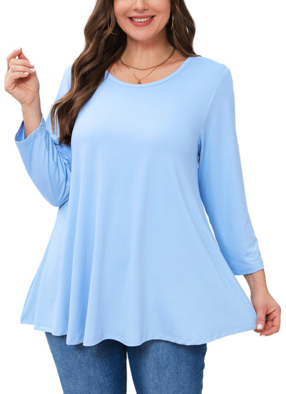 Womens Tops - Plus Size Tunics 3/4 Sleeve Loose Fit Dressy Casual Long Swing Flowy Lady Blouses Shirts Wear with Leggings Teals Blue Clothing A37 SATLB