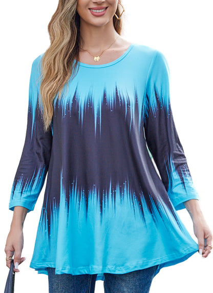 Womens Tunic Tops 3/4 Sleeve Plus Size Crew Neck Swing Flare Loose Fit T-Shirt Blouses to Wear with Leggings Plus Size Tunics Blue Black