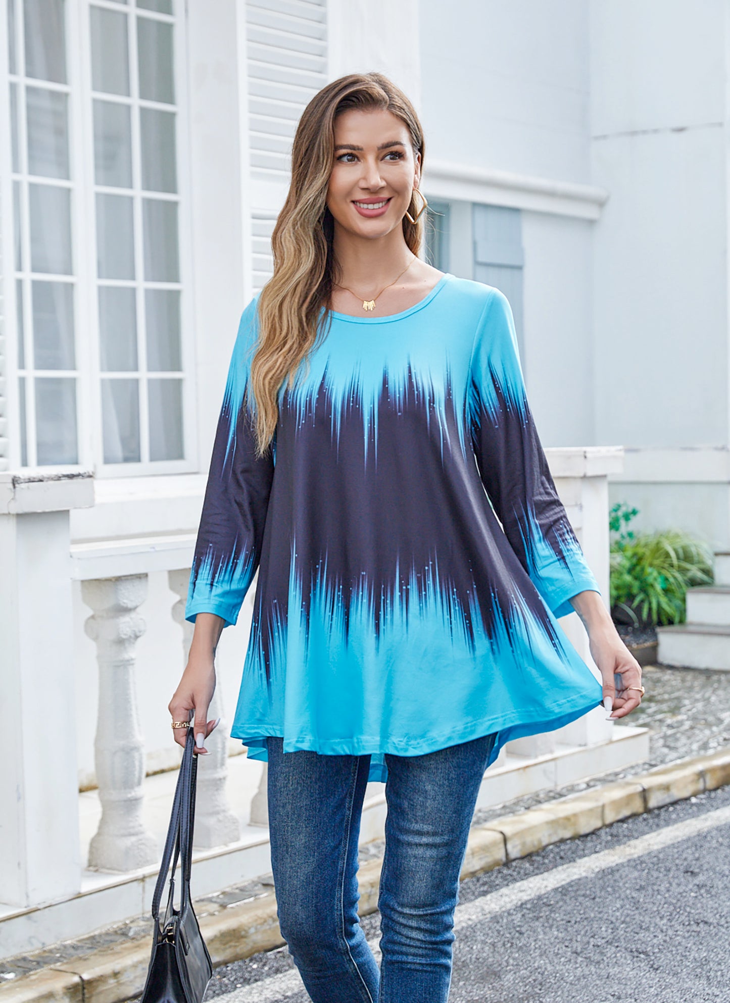 Womens Tunic Tops 3/4 Sleeve Plus Size Crew Neck Swing Flare Loose Fit T-Shirt Blouses to Wear with Leggings Plus Size Tunics Blue Black