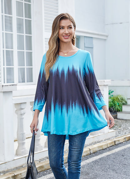 Womens Tunic Tops 3/4 Sleeve Plus Size Crew Neck Swing Flare Loose Fit T-Shirt Blouses to Wear with Leggings Plus Size Tunics Blue Black