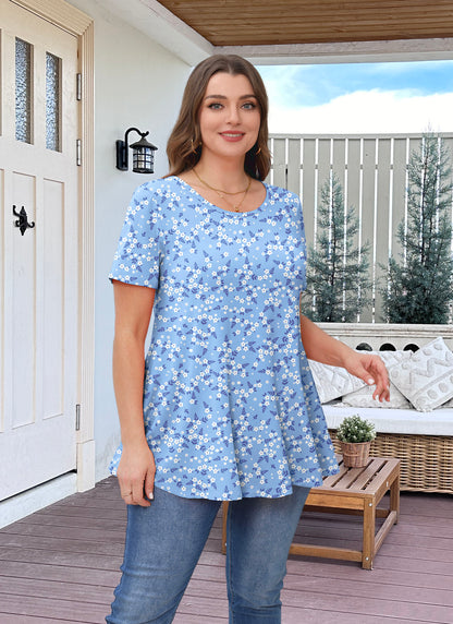Tunic Tops for Women Plus Size Short Sleeve Crew Neck Swing Flare Loose T-Shirt Blouses to Wear with Leggings  Light Blue Floral Tunics