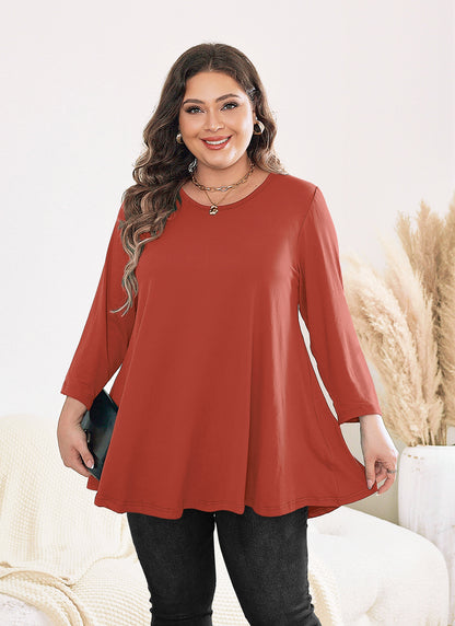 Womens Tunic Tops 3/4 Sleeve Plus Size Crew Neck Swing Flare Loose Fit T-Shirt Blouses to Wear with Leggings III