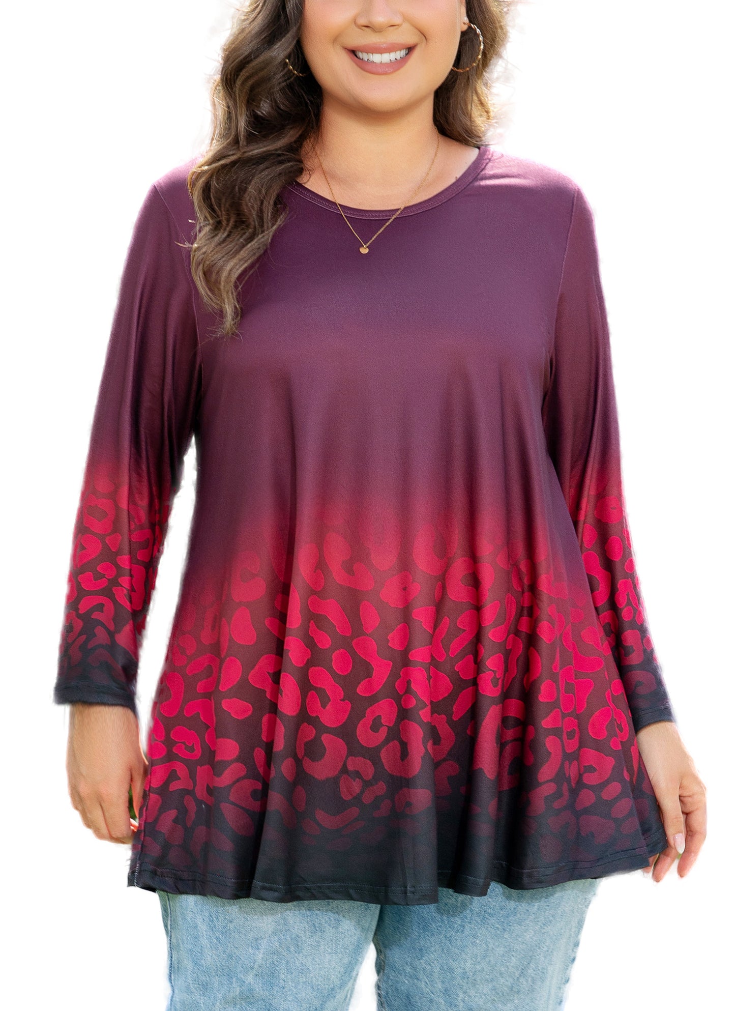 Womens Tunic 3/4 Sleeve Plus Size Tops Crew Neck Swing Flowy Loose Fit T-Shirt Blouses to Wear with Leggings Red Black Tunic