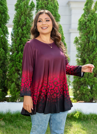 Womens Tunic 3/4 Sleeve Plus Size Tops Crew Neck Swing Flowy Loose Fit T-Shirt Blouses to Wear with Leggings Red Black Tunic