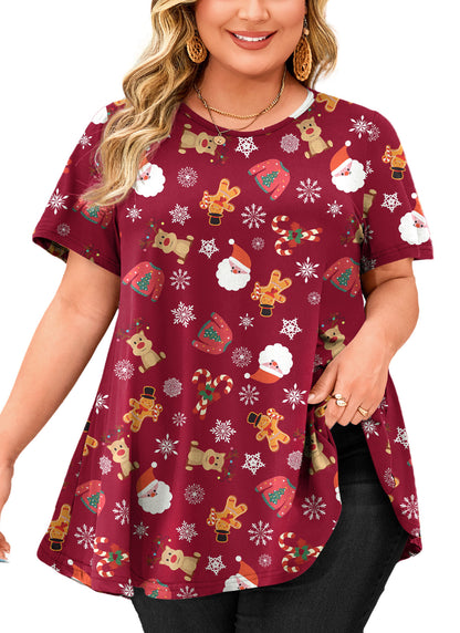 Woman wearing a festive red tunic with Christmas-themed patterns on a white background