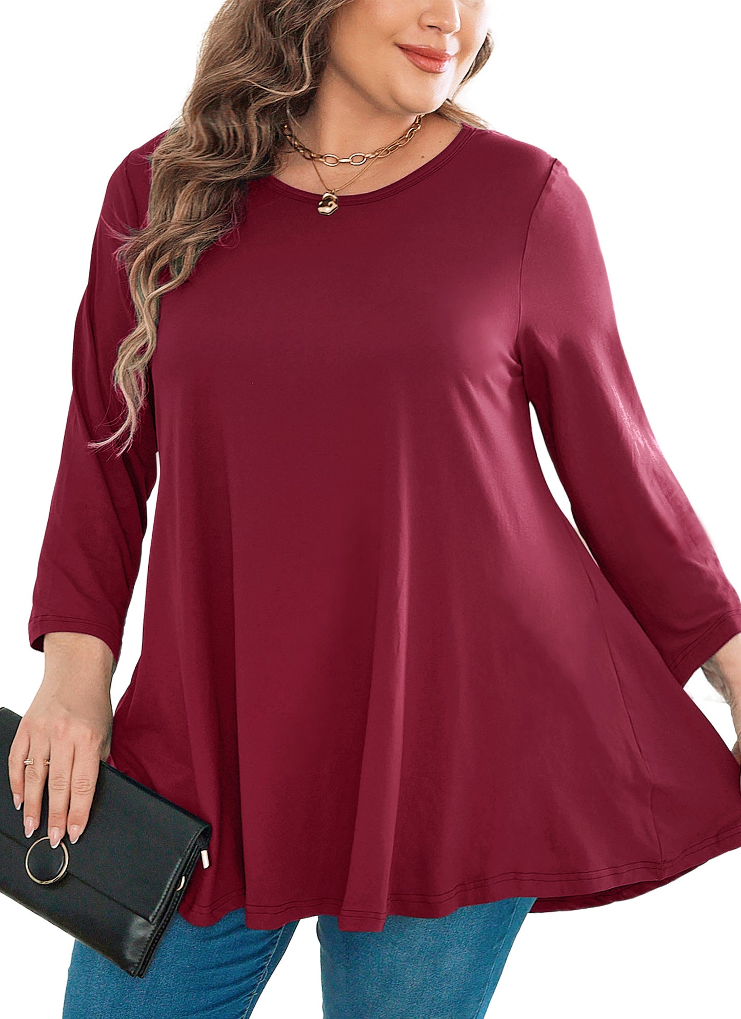 Womens Tops - Plus Size Tunics 3/4 Sleeve Loose Fit Dressy Casual Long Swing Flowy Lady Blouses Shirts Wear with Leggings Teals Blue Clothing A18 SATBR