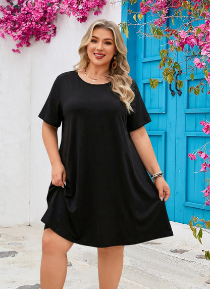 Women's Casual T-Shirt Dress Plus Size Summer Short Sleeve Crewneck Swing Dresses Beach Vacation Black Dresses