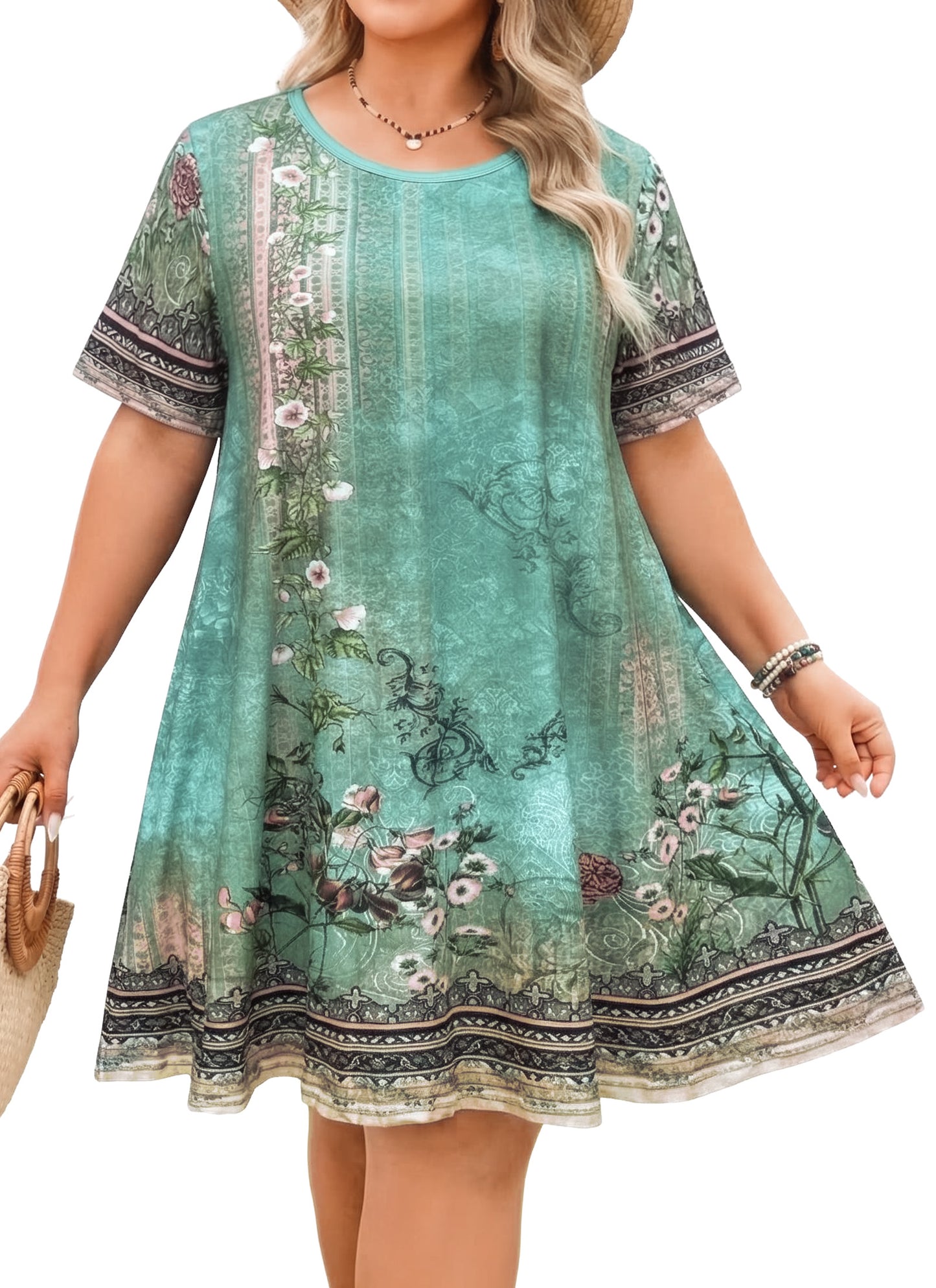 Women's Casual T-Shirt Dress Plus Size Summer Short Sleeve Crewneck Swing Dresses Beach Vacation Sage Green Dress Floral