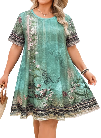 Women's Casual T-Shirt Dress Plus Size Summer Short Sleeve Crewneck Swing Dresses Beach Vacation Sage Green Dress Floral