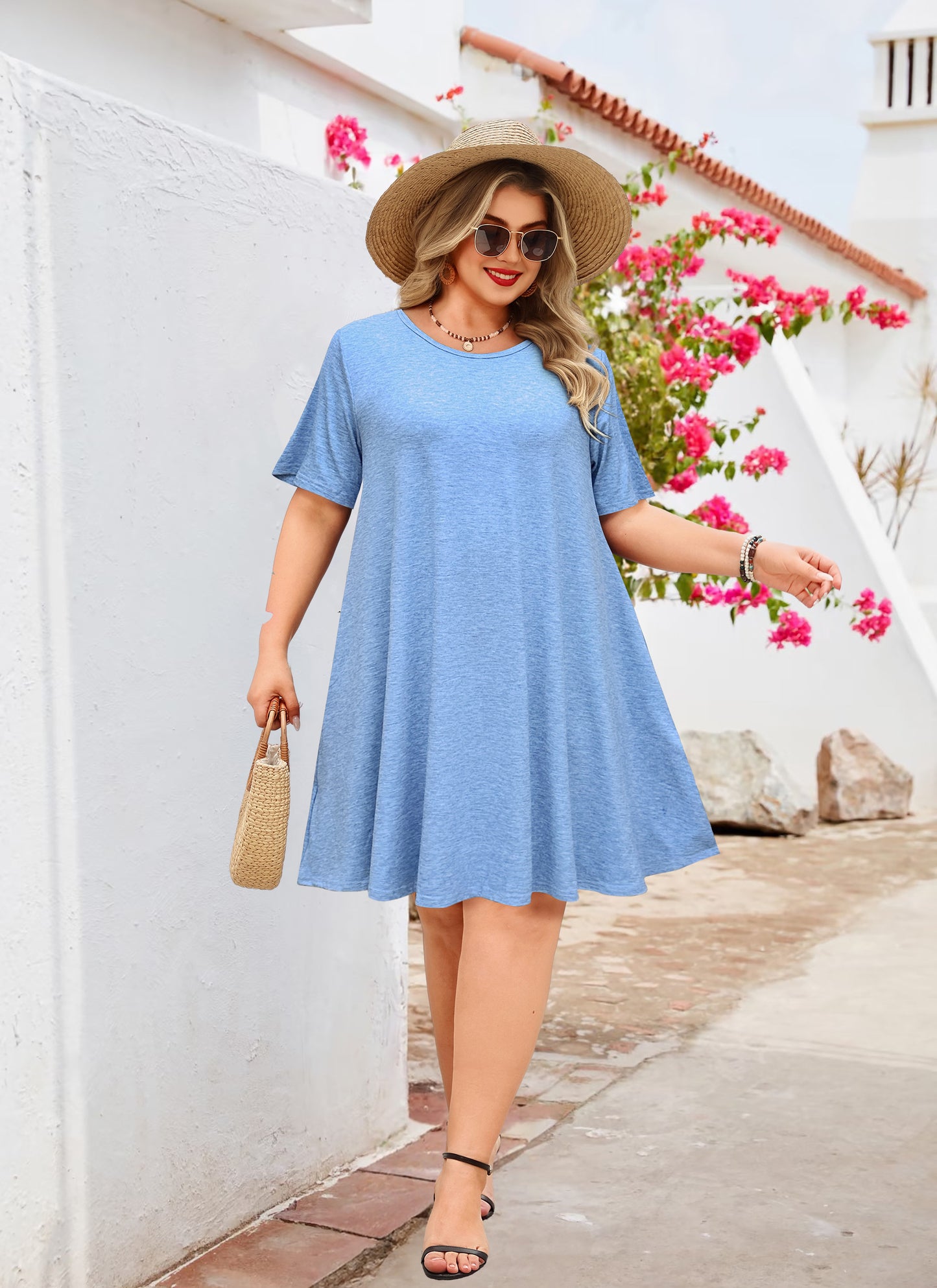 Women's Casual T-Shirt Dress Plus Size Summer Short Sleeve Crewneck Swing Dresses Beach Vacation Blue Dresses