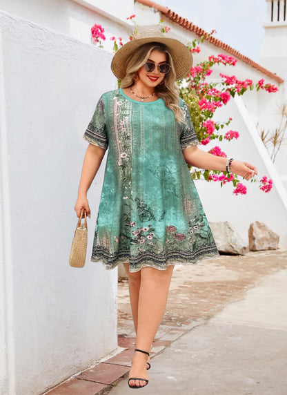 Women's Casual T-Shirt Dress Plus Size Summer Short Sleeve Crewneck Swing Dresses Beach Vacation Sage Green Dress Floral