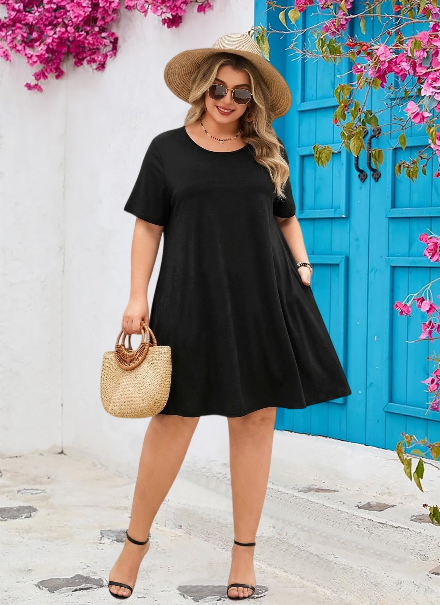 Women's Casual T-Shirt Dress Plus Size Summer Short Sleeve Crewneck Swing Dresses Beach Vacation Black Dresses