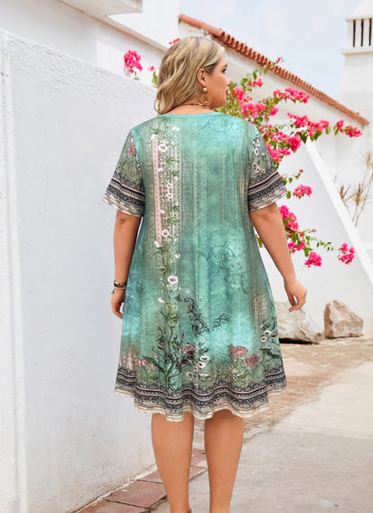 Women's Casual T-Shirt Dress Plus Size Summer Short Sleeve Crewneck Swing Dresses Beach Vacation Sage Green Dress Floral